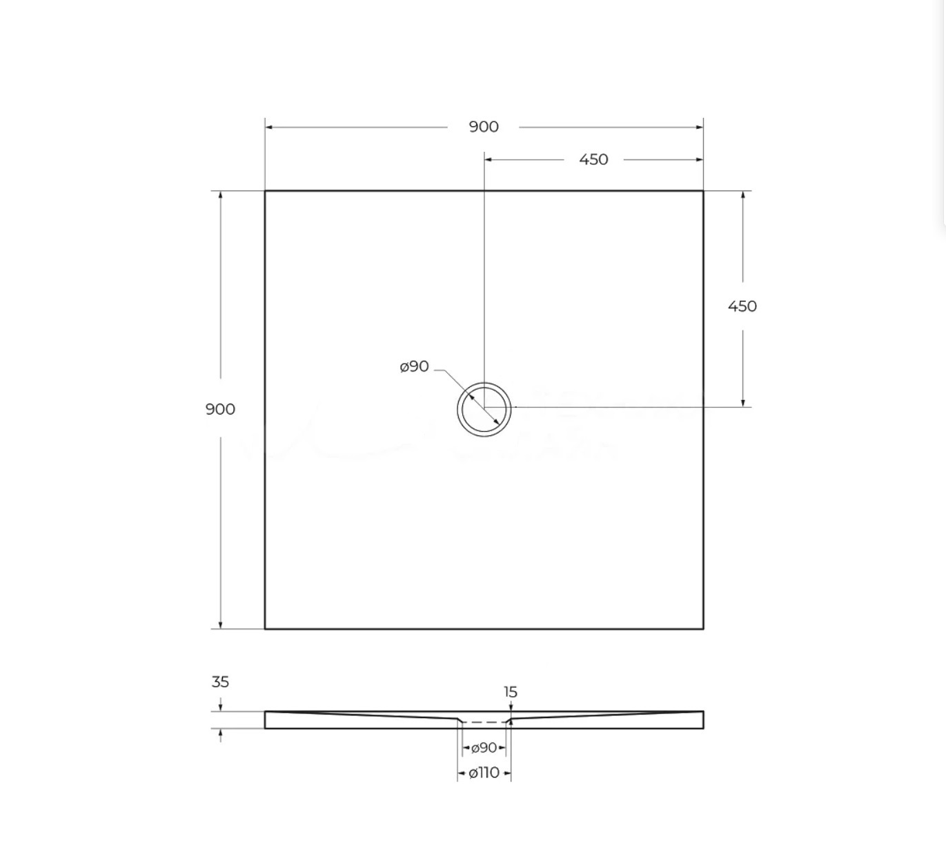 Душевой поддон из искусственного камня Sanola Hidden 900х900